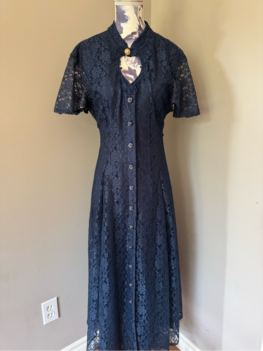Vintage Algo Petite Navy Lace Pearl Button Front Midi Dress